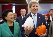 John Kerry, Madame Liu Yandong, Vice Premier of the People's Republic of China and US Ambassador to China Max Baucus (background) at the Young Maker Competition showcase during the 7th annual U.S.-China High-Level Consultation on People-to-People Exchange at the National Museum in Beijing , June 7, 2016. Photo Credit: Times of Malta